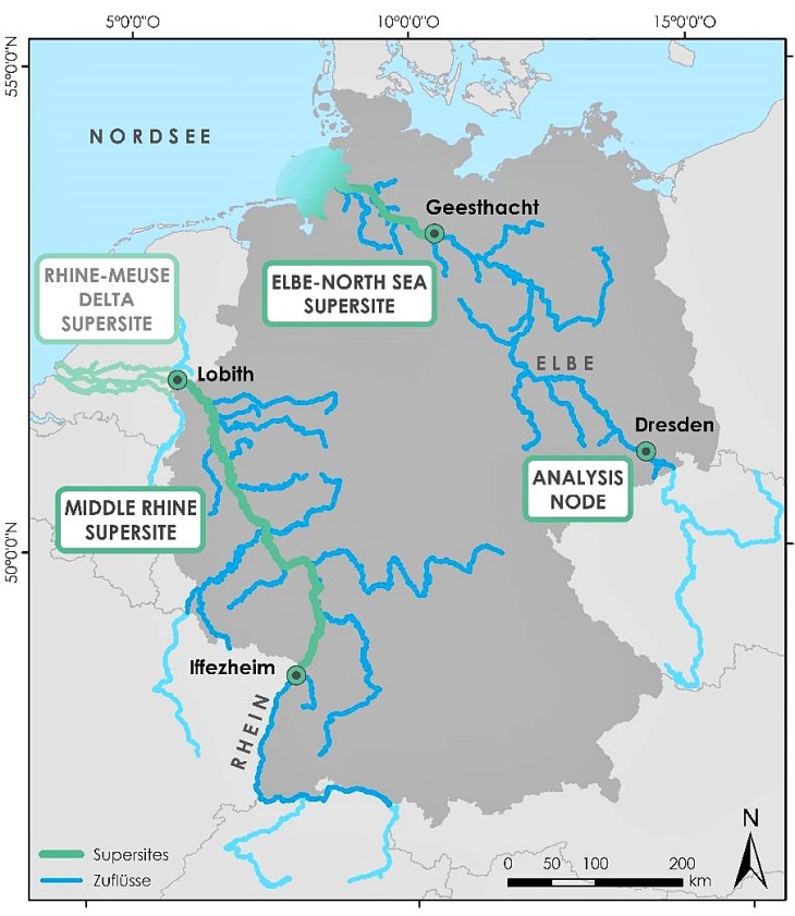 (Karte: Bundesanstalt für Wasserbau, 2021; Quellen: Wasserstraßen- und Schifffahrtsverwaltung des Bundes - Digitale Bundeswasserstraßenkarte 1:1000000 (DBWK1000), 2019; Bundesministerium für Verkehr und digitale Infrastruktur - Karte W170a, 2021) Karte Komponenten DANUBIUS-RI in Deutschland