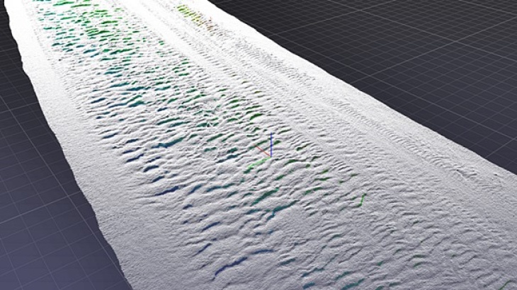 3D riverbed elevation model with coloured slip faces of dunes. Measurements conducted by the Waterways and Shipping Administration Rhein (Image: Federal Institute of Hydrology) 3D riverbed elevation model with coloured slip faces of dunes
